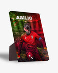 Personalized pet standing canvas featuring a black dog in a red Portugal soccer jersey, named ABILIO, against a vibrant red and green background.