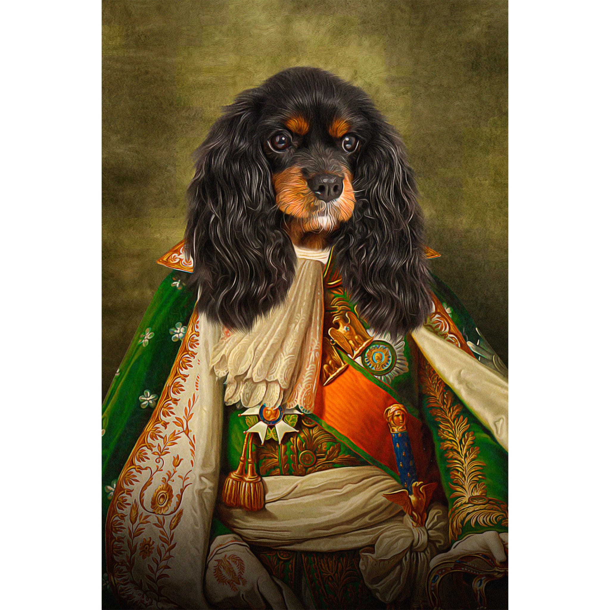 Personalized digital portrait of a black and tan Cavalier King Charles Spaniel in a royal, renaissance-style green and white uniform.