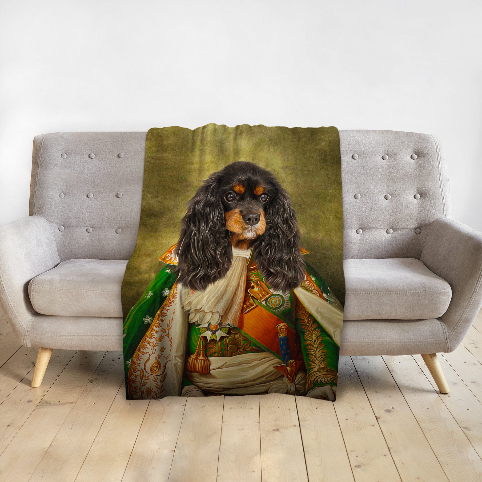Personalized pet blanket with a Cavalier King Charles Spaniel in a royal renaissance portrait.