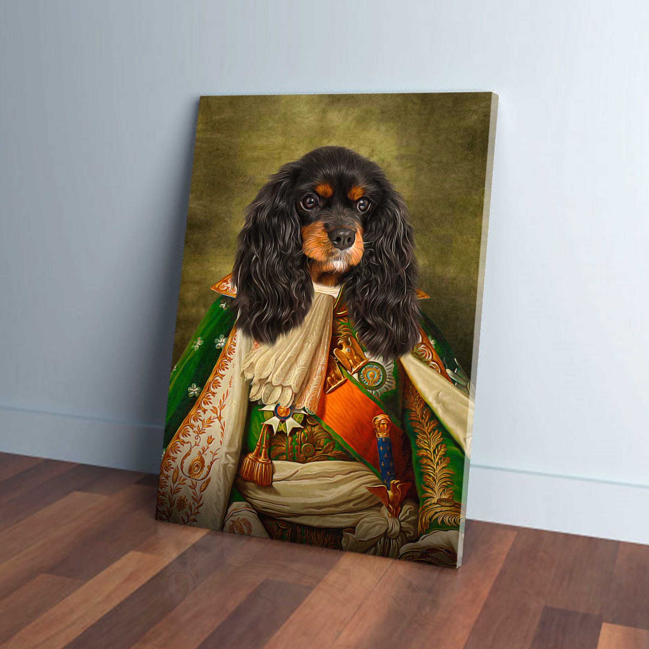 Personalized 'Prince Doggenheim' pet canvas featuring a Cavalier King Charles Spaniel in a green and gold regal uniform.