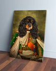 Personalized 'Prince Doggenheim' pet canvas featuring a Cavalier King Charles Spaniel in a green and gold regal uniform.
