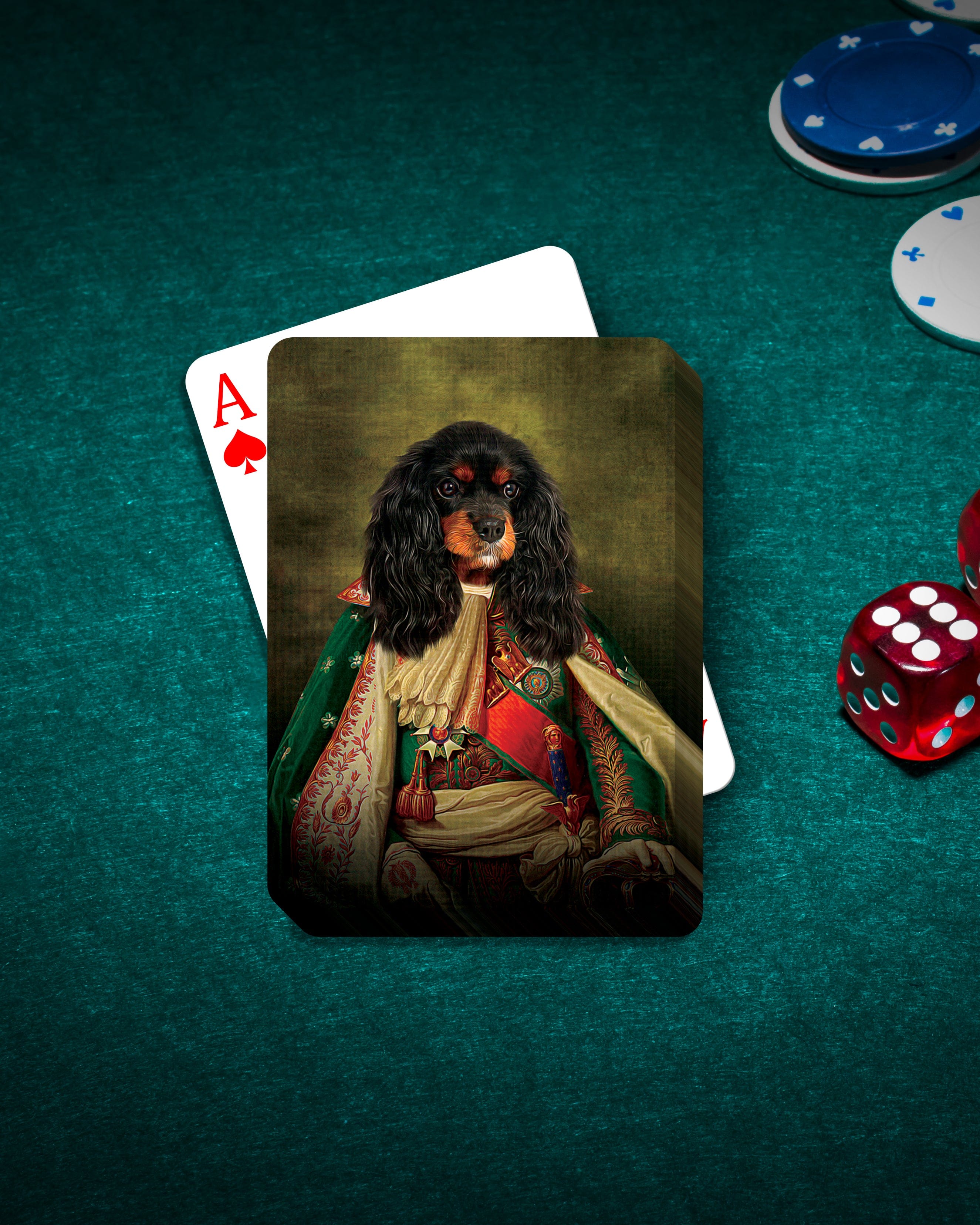 Personalized playing cards featuring a Cavalier King Charles Spaniel in a renaissance royal portrait.
