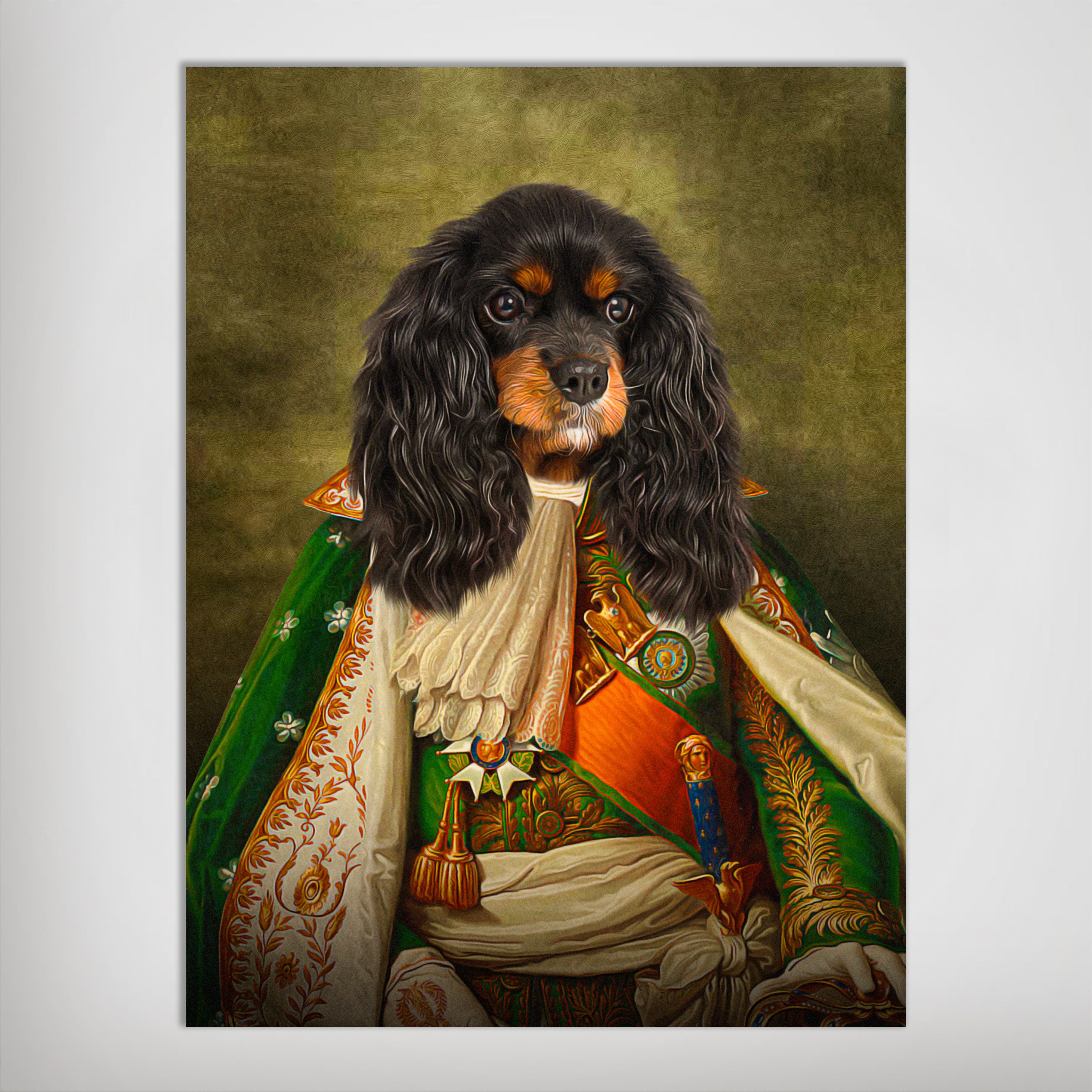 Personalized "Prince Doggenheim" pet portrait poster featuring a Cavalier King Charles Spaniel in a regal green and gold uniform.