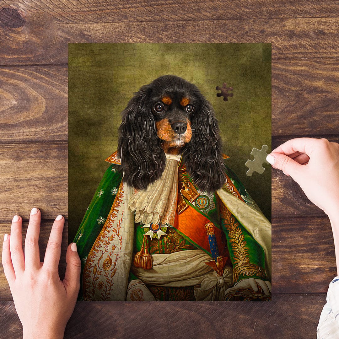Personalized pet puzzle featuring a Cavalier King Charles Spaniel in a royal renaissance portrait.