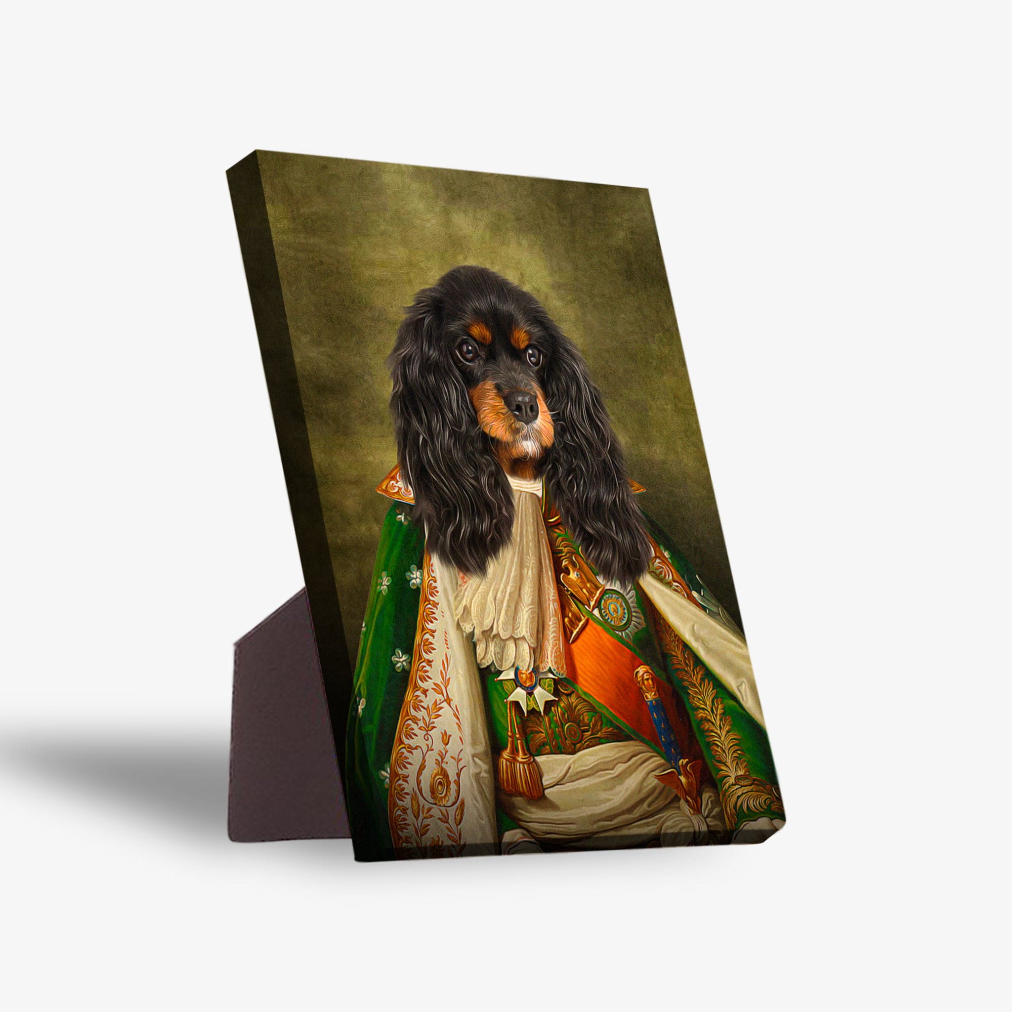 Personalized pet portrait standing canvas featuring a black and tan dog in a green and gold royal costume.