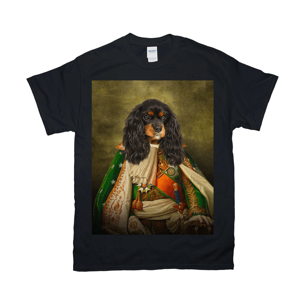 Black Gildan t-shirt with a custom portrait of a Cavalier King Charles Spaniel in a regal, green and white uniform.