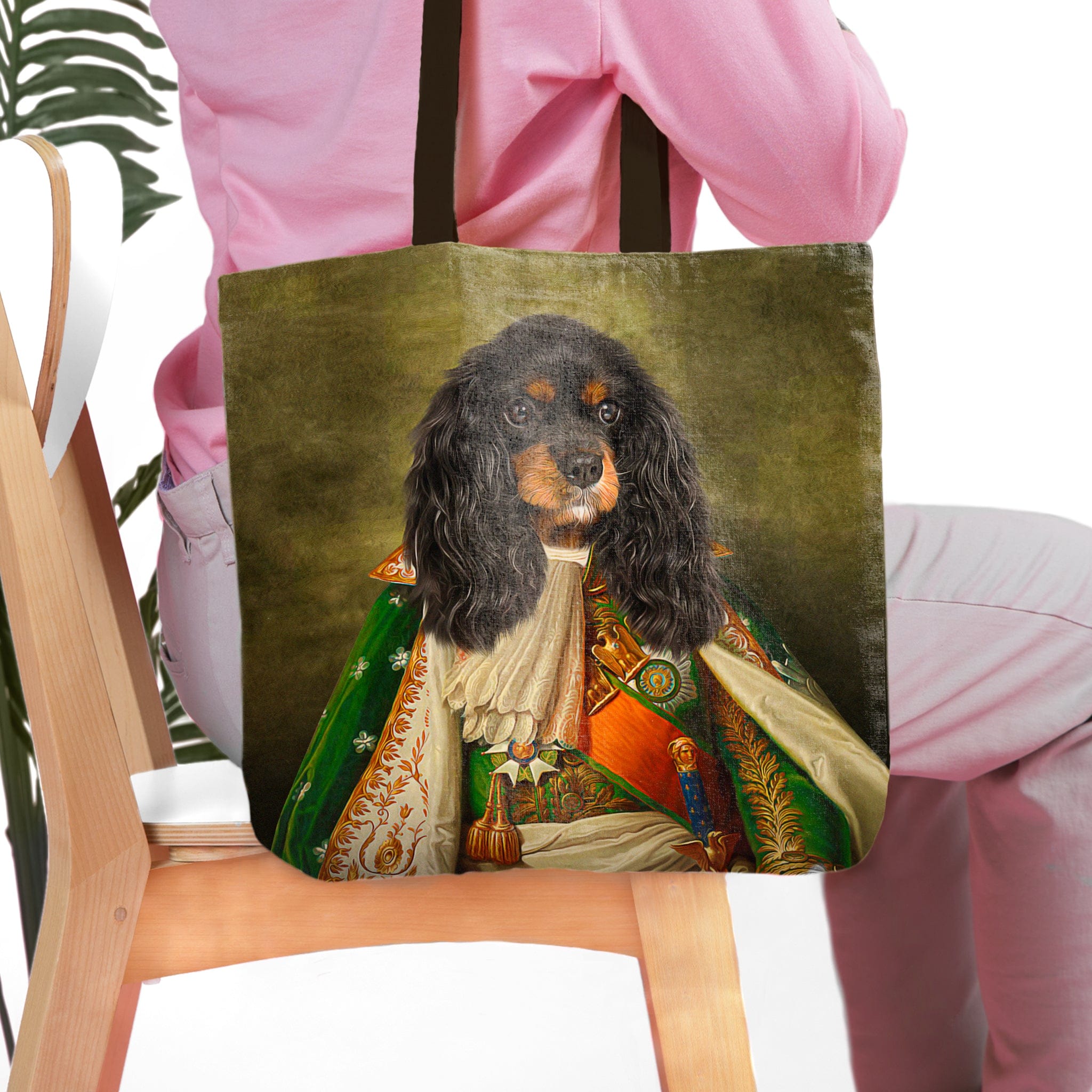 Personalized 'Prince Doggenheim' tote bag with a custom royal renaissance portrait of a black and tan Cavalier King Charles Spaniel.