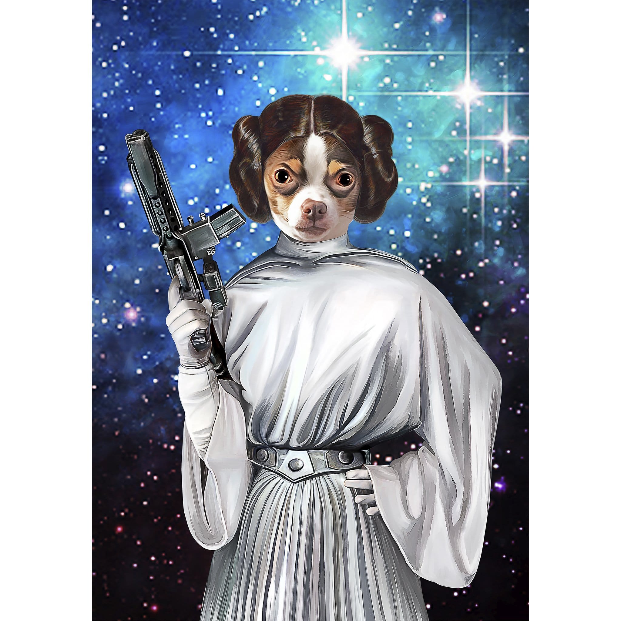 Custom digital portrait of a Chihuahua dog as Princess Leia, holding a blaster against a starry background.