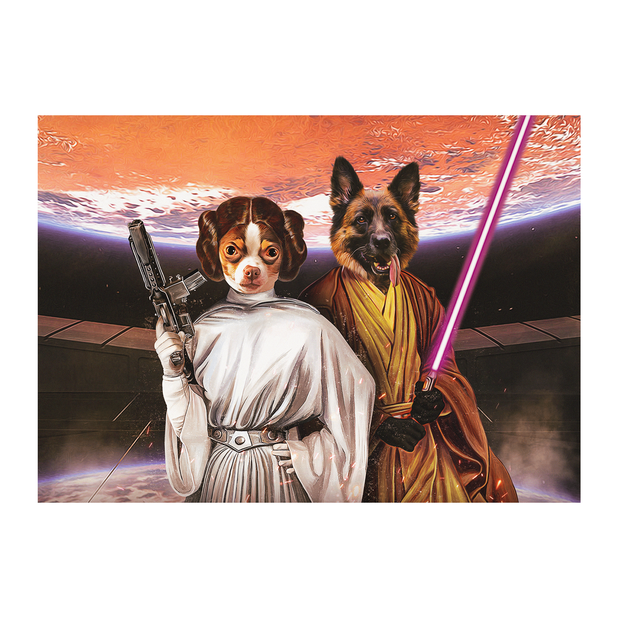 Custom digital portrait of two pets as Princess Leia and a Jedi, with a sci-fi background.