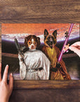 Personalized 2-pet puzzle featuring a Chihuahua as Princess Leia and a German Shepherd as a Jedi.