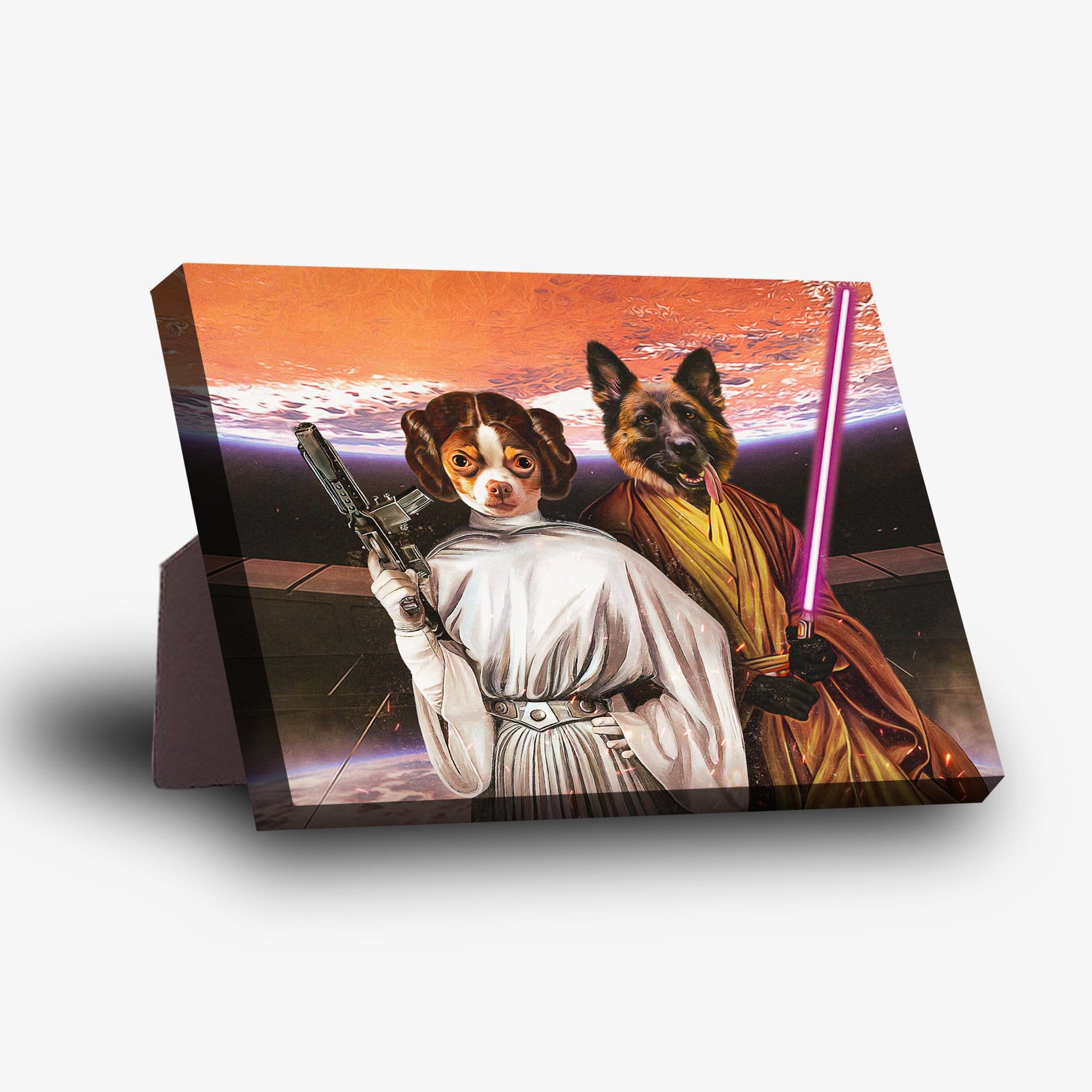 Personalized standing canvas featuring two pets as Princess Leia and a Jedi with a lightsaber.