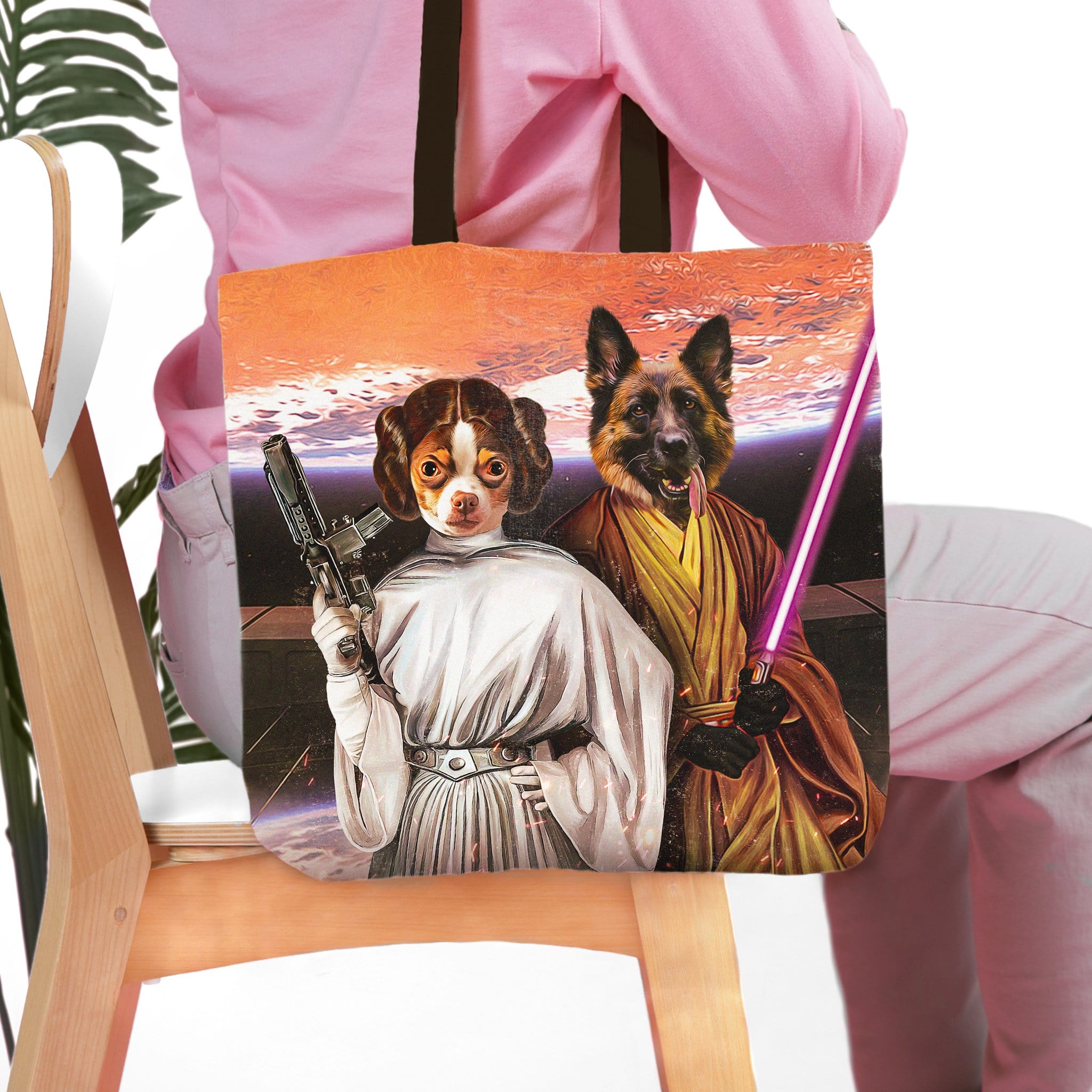 Personalized 2-pet tote bag featuring a Chihuahua as Princess Leia and a German Shepherd as a Jedi.