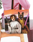 Personalized 2-pet tote bag featuring a Chihuahua as Princess Leia and a German Shepherd as a Jedi.