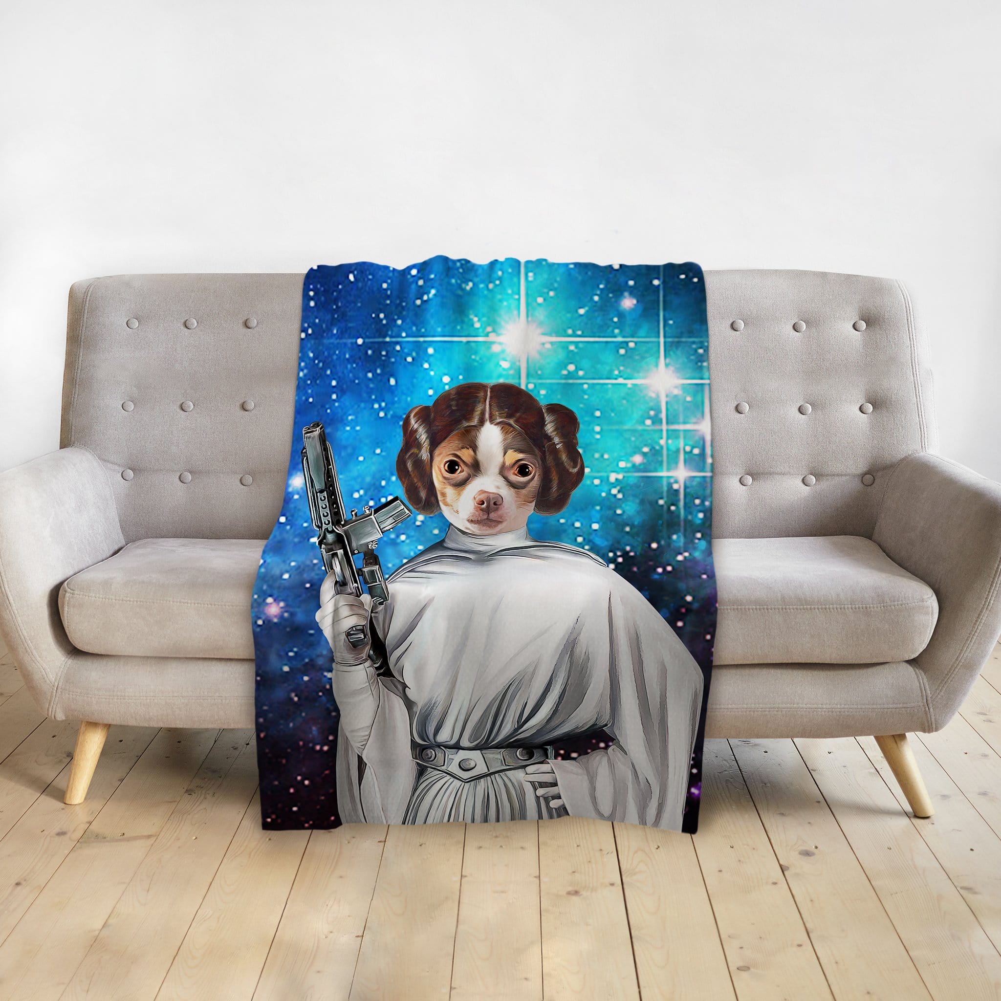 Personalized pet blanket with a dog portrait as Princess Leia against a starry galaxy background.