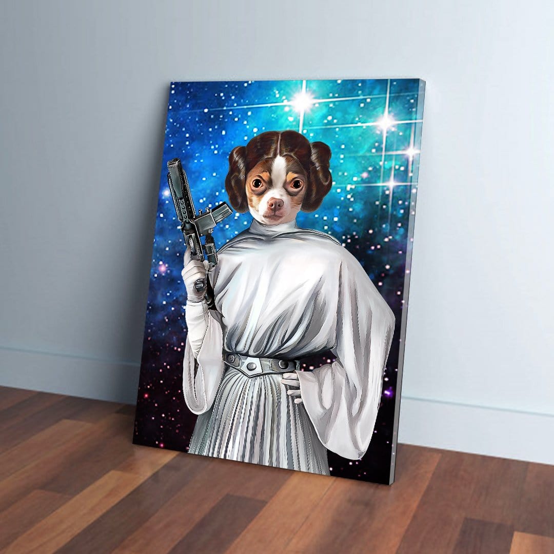 Custom pet canvas featuring a chihuahua as Princess Leia in a white gown, holding a blaster, against a starry blue background.