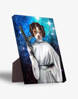 Personalized pet standing canvas featuring a dog as Princess Leia with a blaster against a starry blue background.