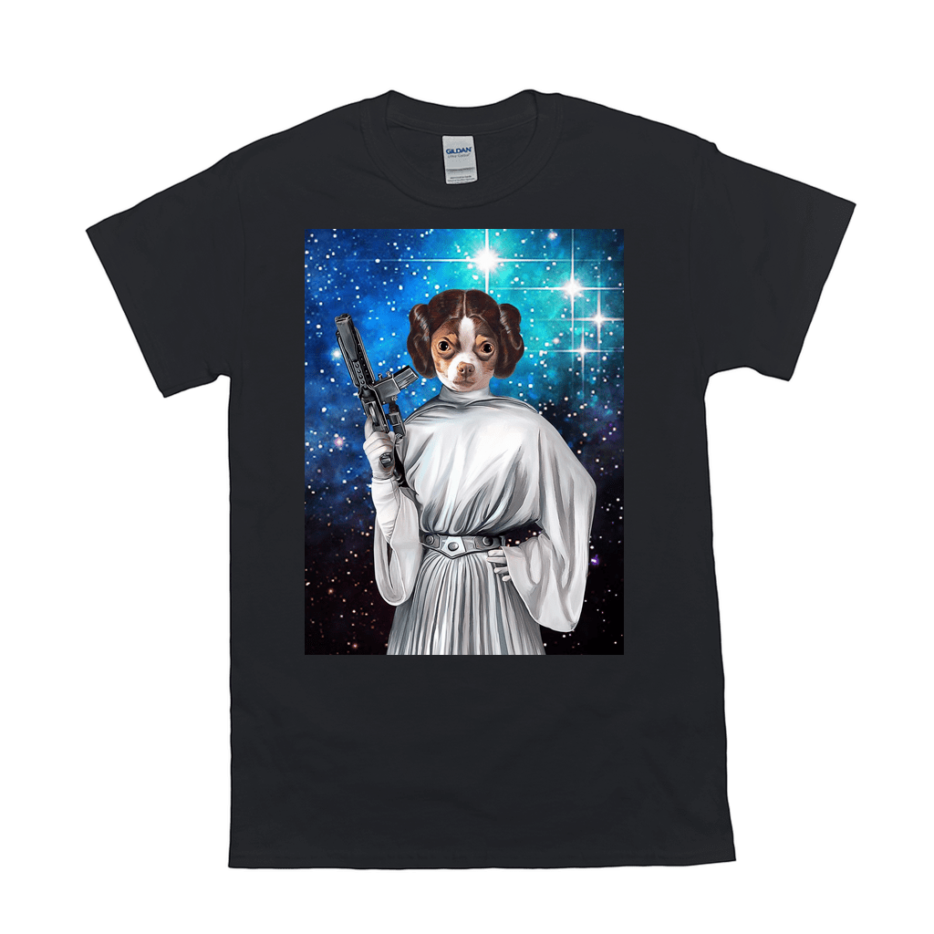 Black Gildan t-shirt with a personalized pet portrait of a dog dressed as Princess Leia holding a blaster.