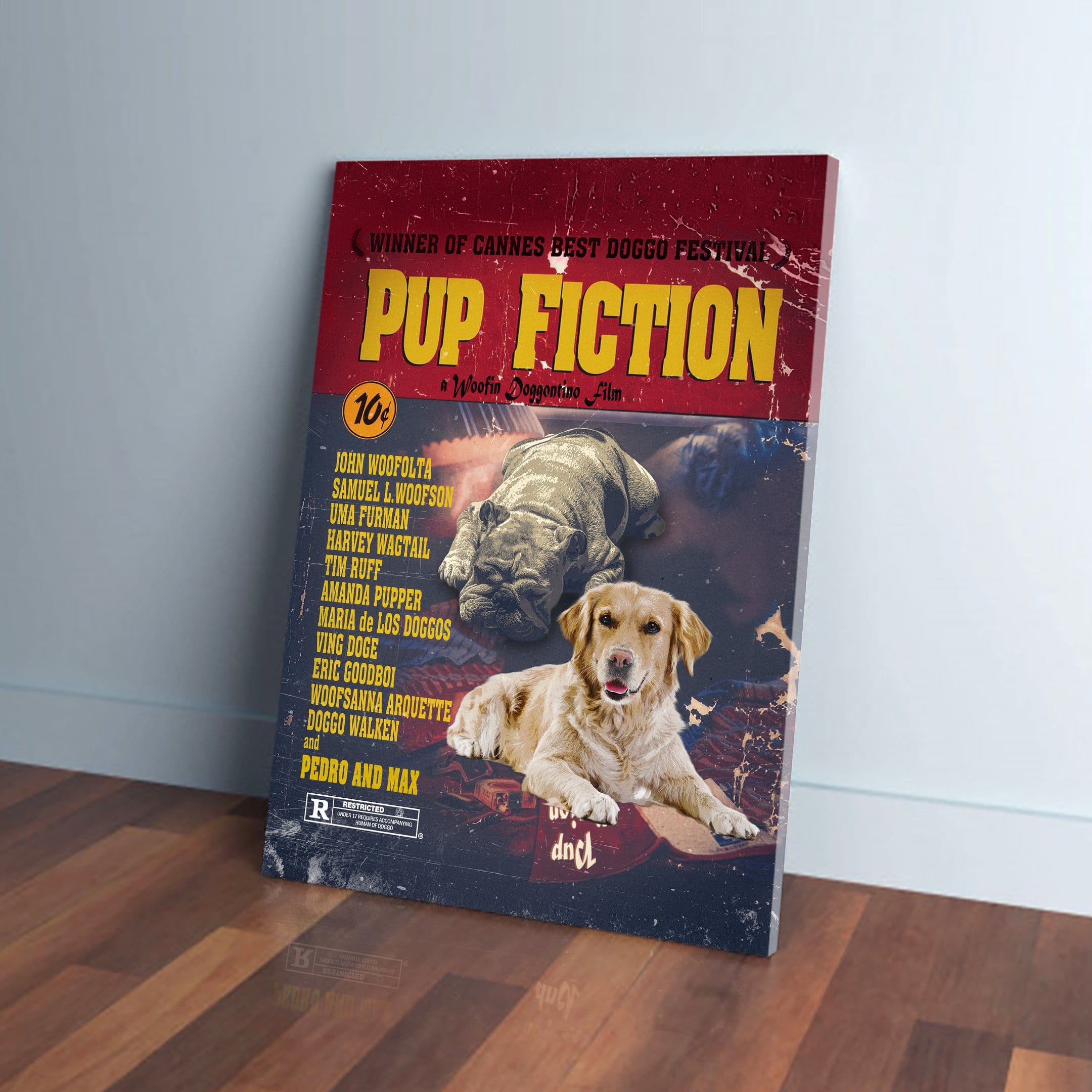 Pup Fiction personalized canvas featuring two dogs in a vintage movie poster style.