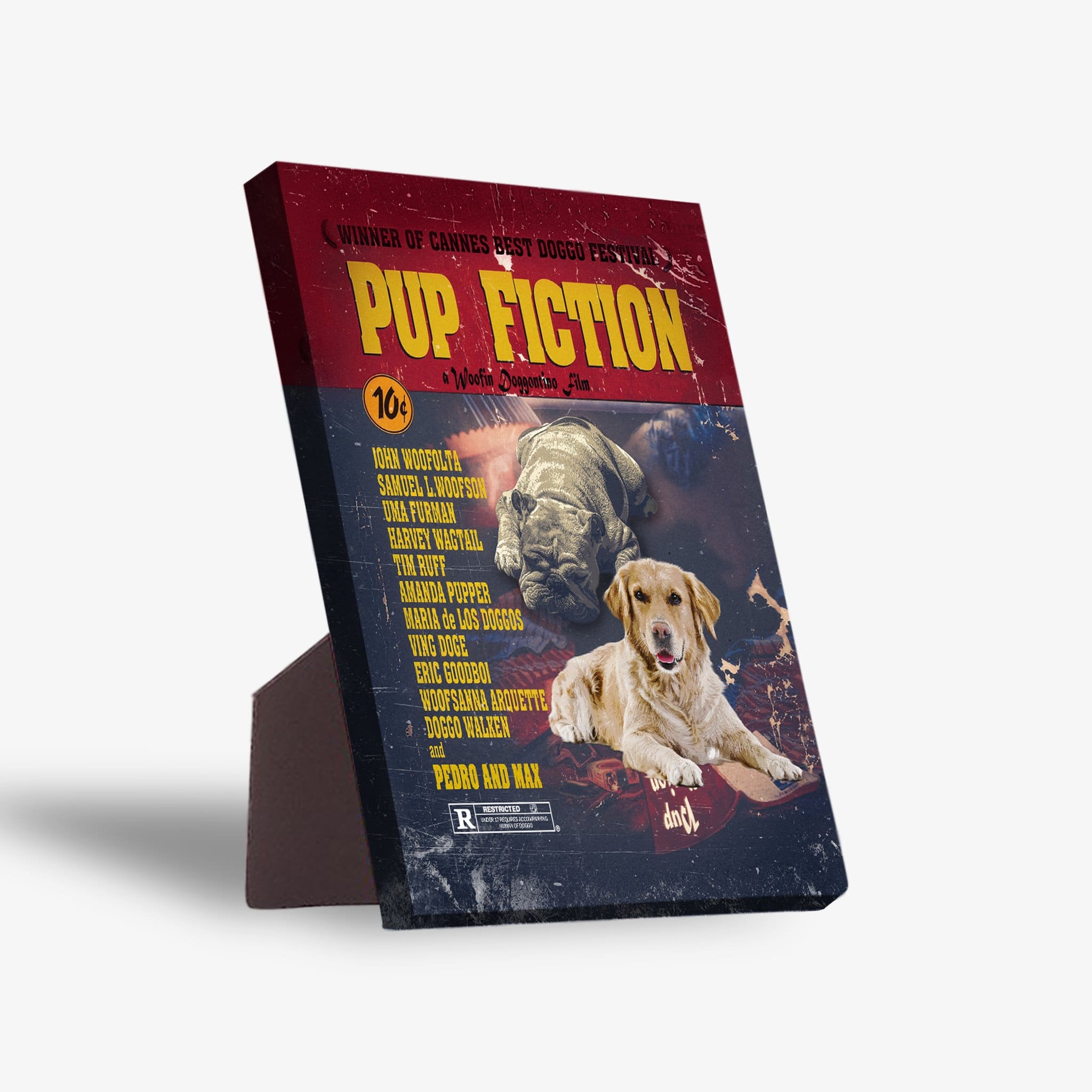 Pup Fiction personalized standing canvas featuring two pets, a bulldog and a golden retriever, in a movie poster design.