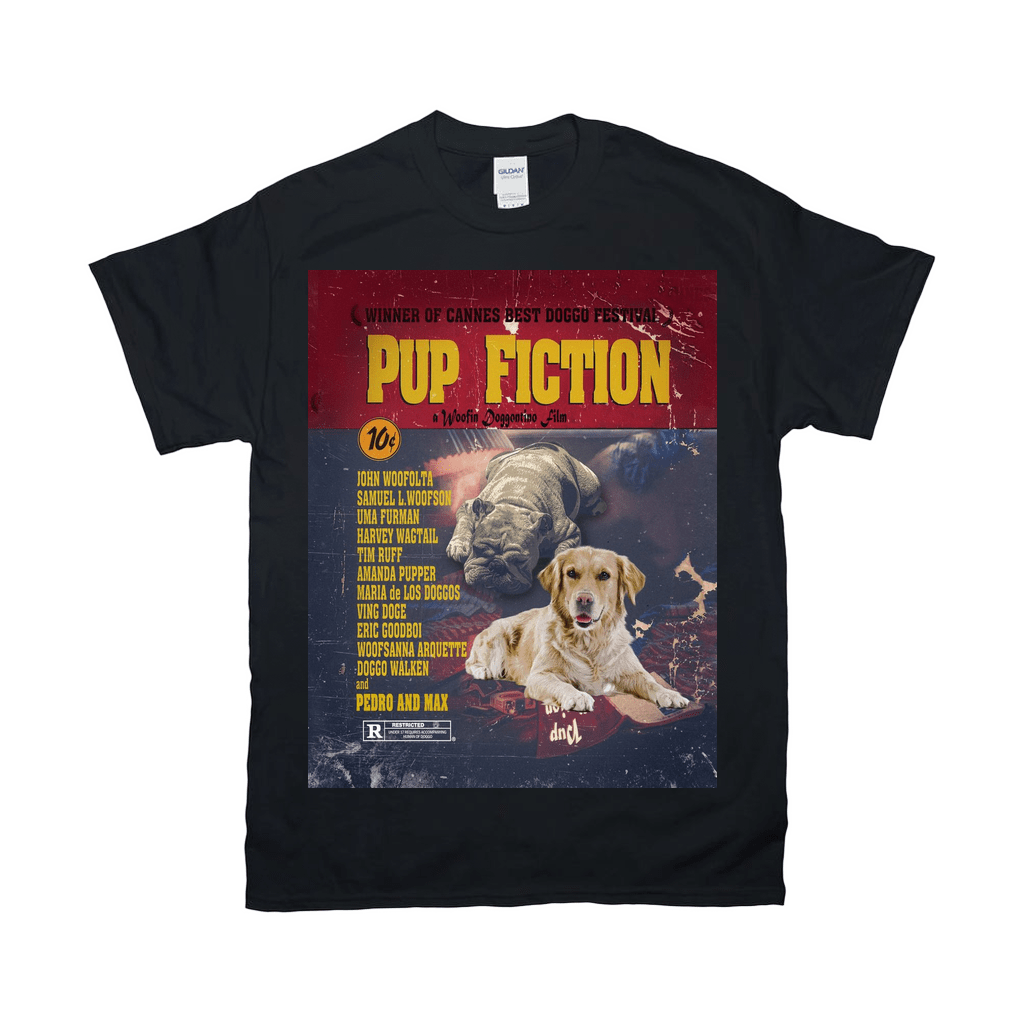 Black Gildan t-shirt with a "Pup Fiction" movie poster design featuring two dogs.