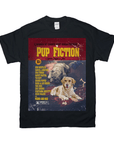 Black Gildan t-shirt with a "Pup Fiction" movie poster design featuring two dogs.