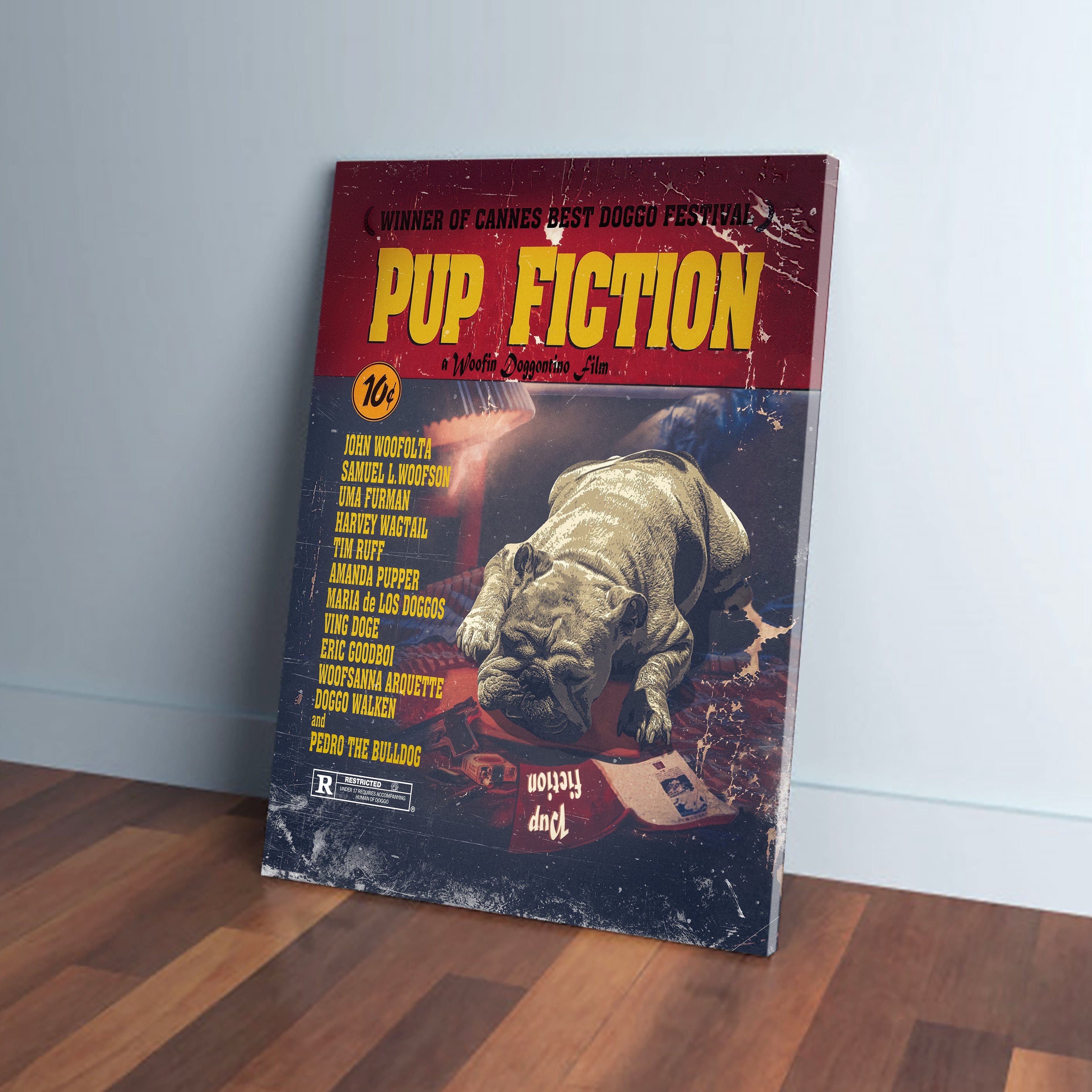Personalized "Pup Fiction" canvas featuring a bulldog in a vintage movie poster style, red and yellow.