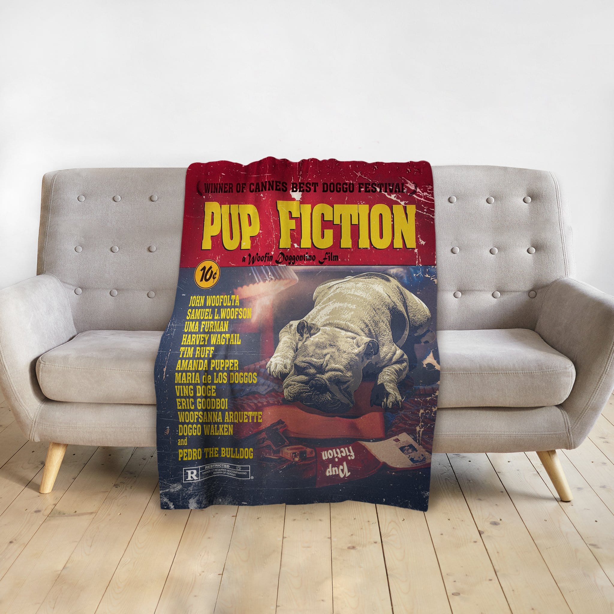 Personalized "Pup Fiction" pet blanket with a bulldog portrait in a movie poster style.
