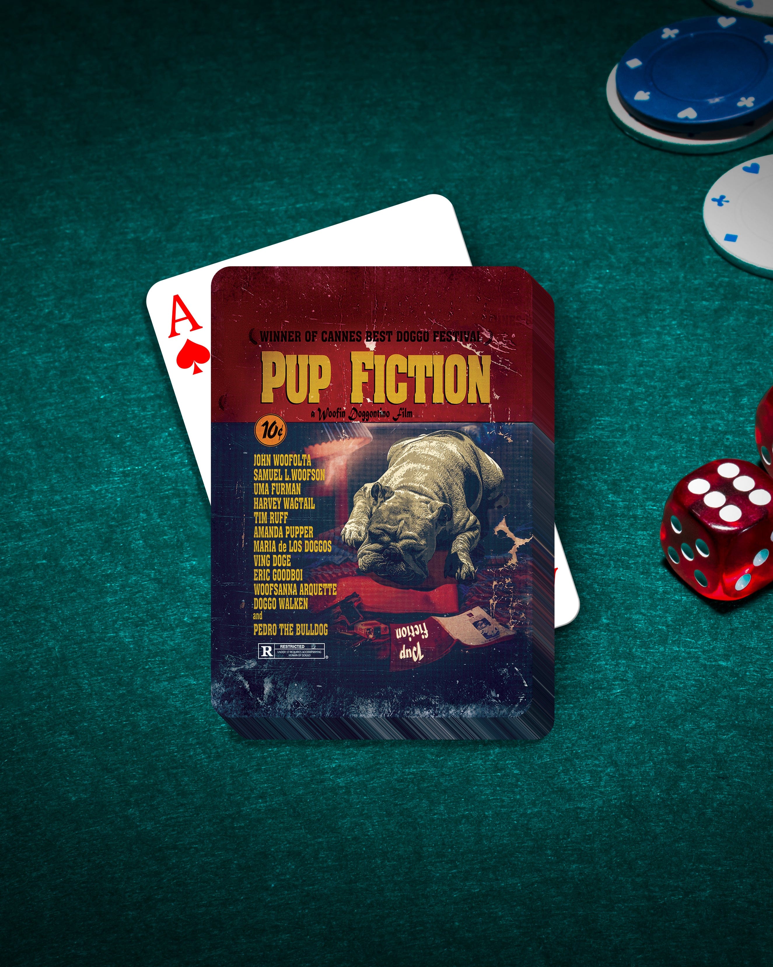 Personalized "Pup Fiction" playing cards featuring a bulldog portrait, on a green felt table with poker chips and dice.