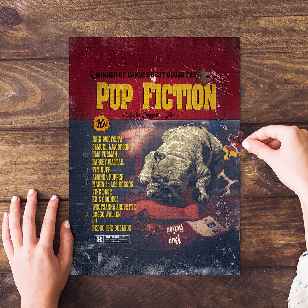 Personalized 'Pup Fiction' pet puzzle featuring a bulldog in a movie poster style.