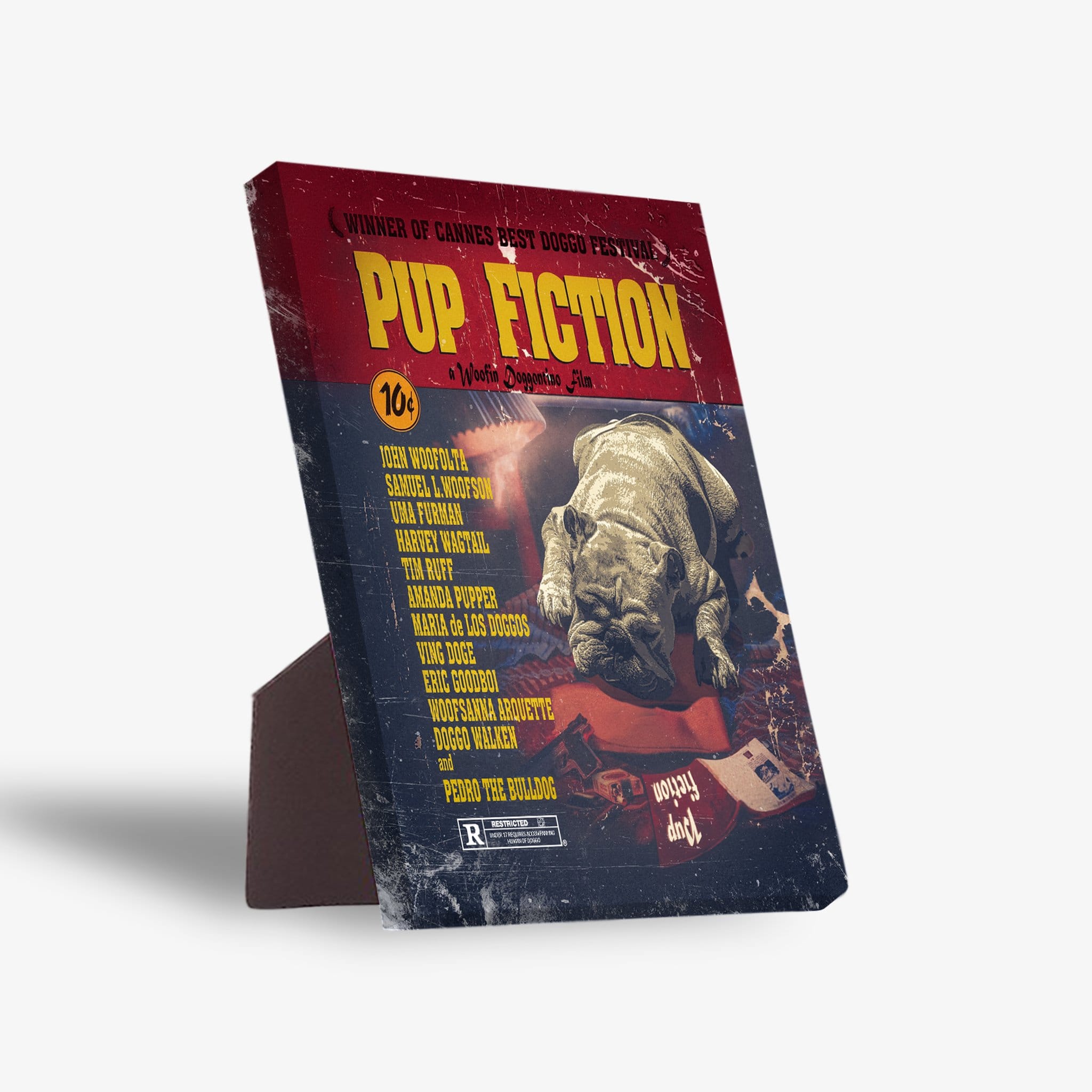 Vintage-style "Pup Fiction" personalized pet standing canvas featuring a bulldog, red and black distressed design.