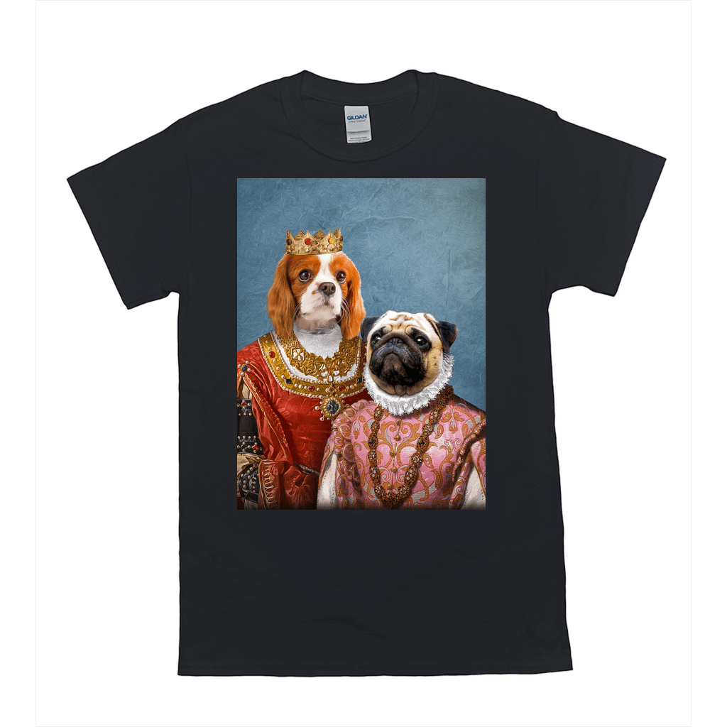 Black Gildan t-shirt featuring a personalized portrait of two pets dressed as a queen and archduchess.