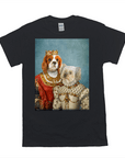 Black Gildan t-shirt featuring a personalized portrait of a Cavalier King Charles Spaniel as a queen and a Maltese as a princess.