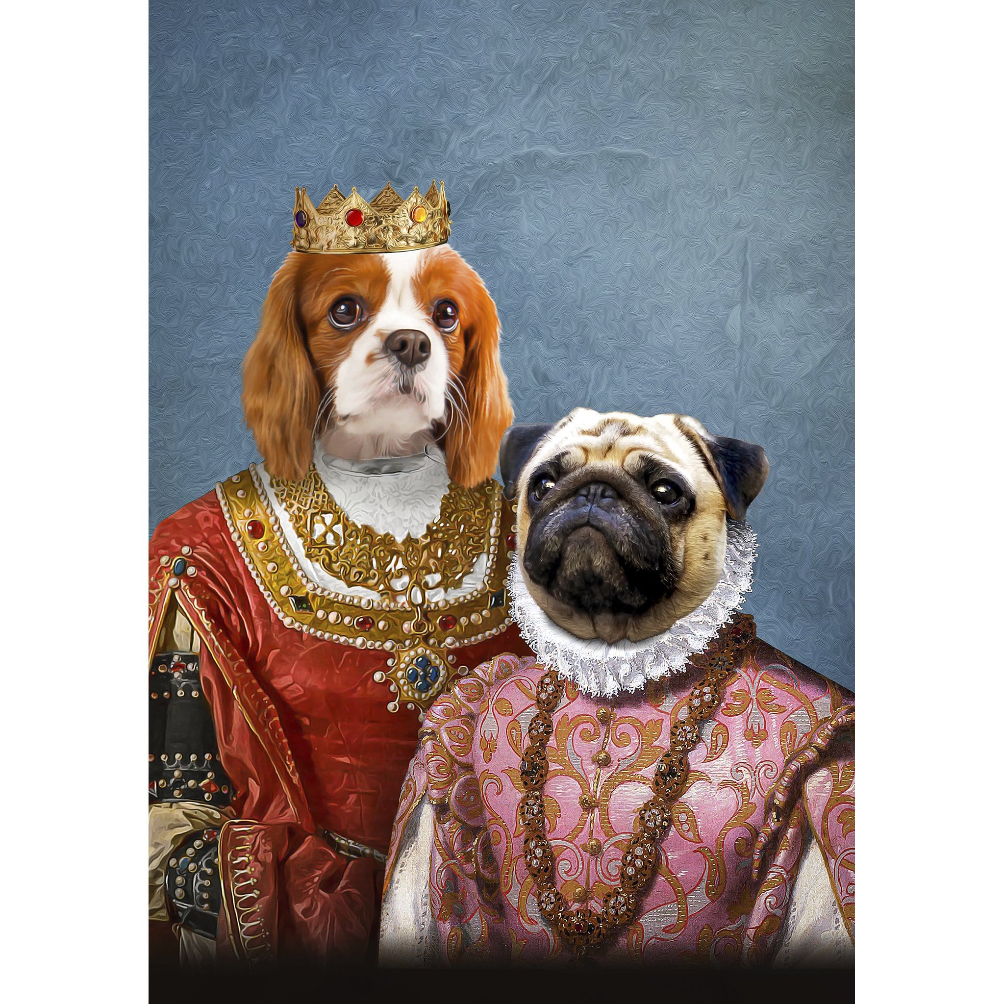 Custom digital portrait of two pets, a Cavalier King Charles Spaniel and a pug, in royal renaissance attire.