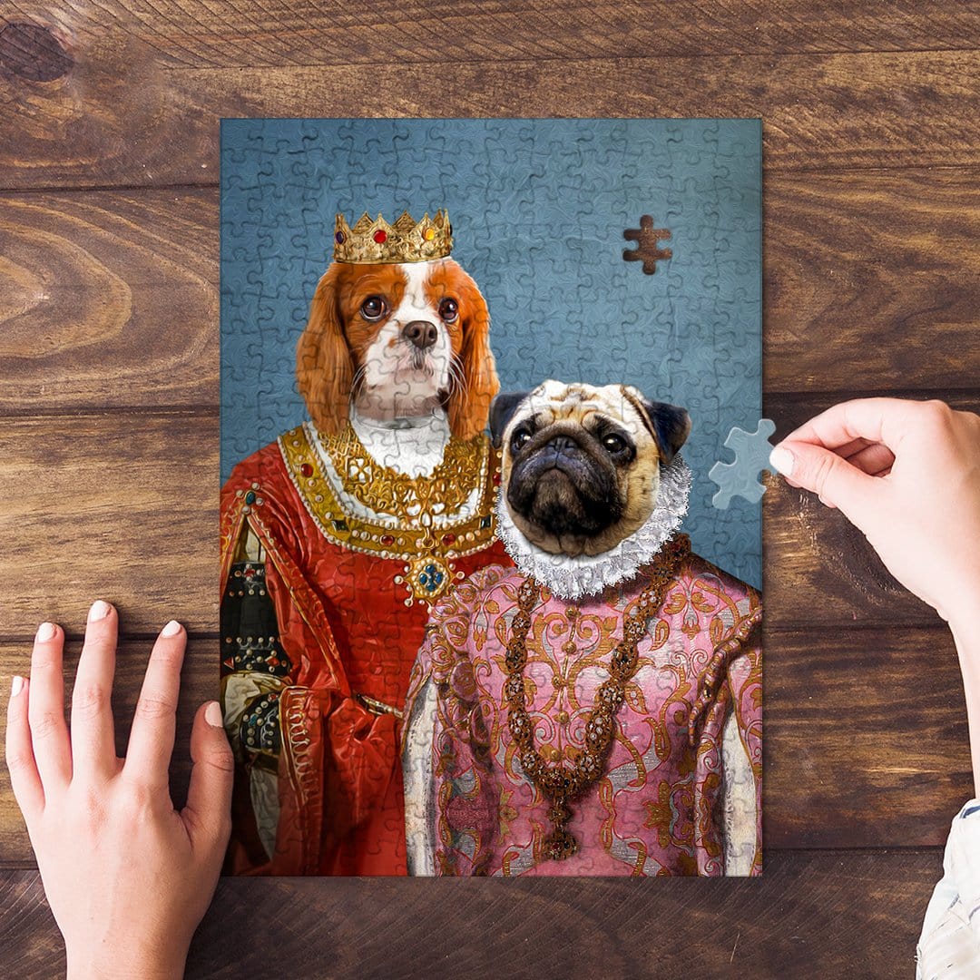 Personalized 2 pet puzzle featuring a Cavalier King Charles Spaniel and a Pug in royal renaissance portraits.