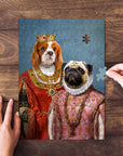 Personalized 2 pet puzzle featuring a Cavalier King Charles Spaniel and a Pug in royal renaissance portraits.