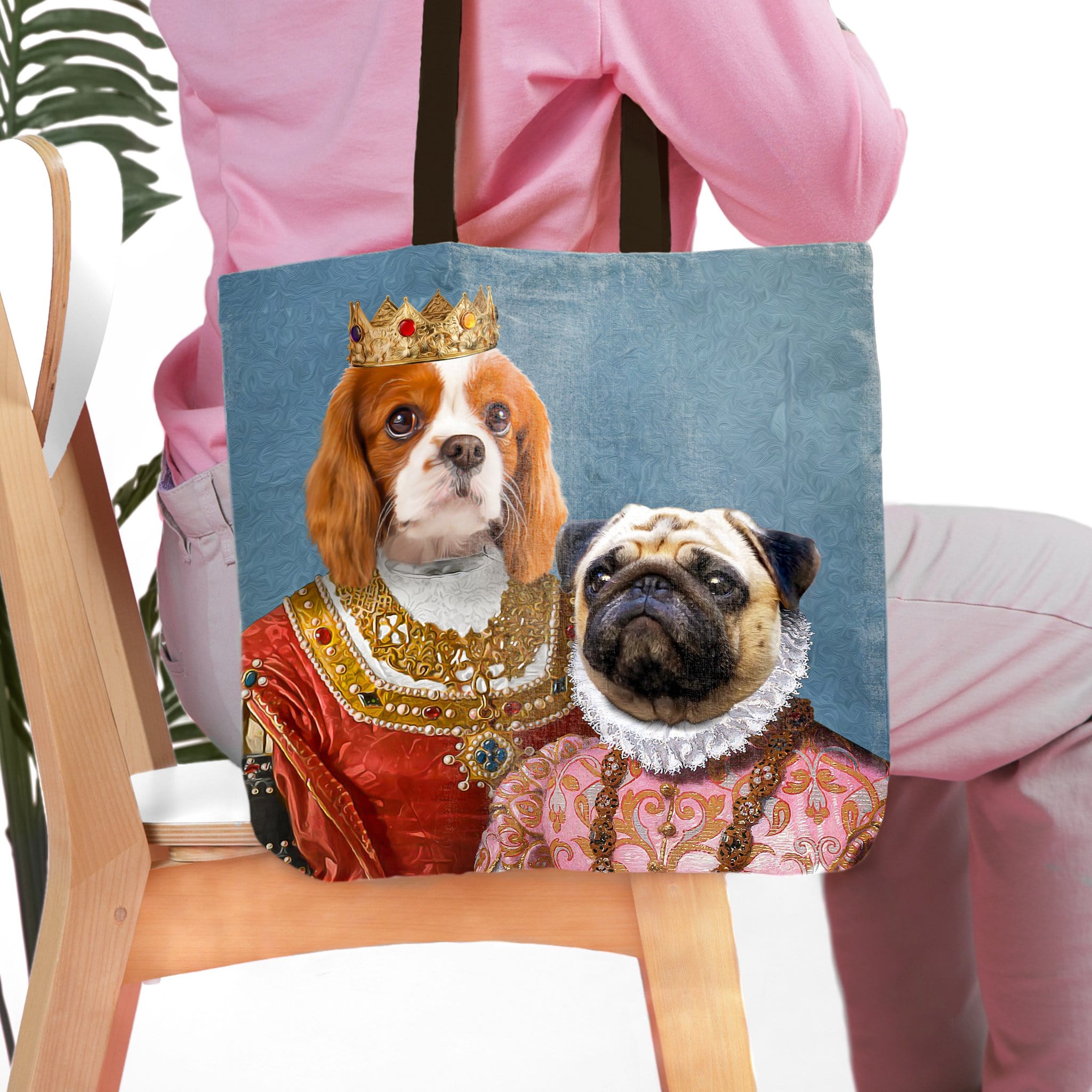 Personalized pet tote bag with two dogs in renaissance royal portraits, a Cavalier King Charles Spaniel and a Pug.
