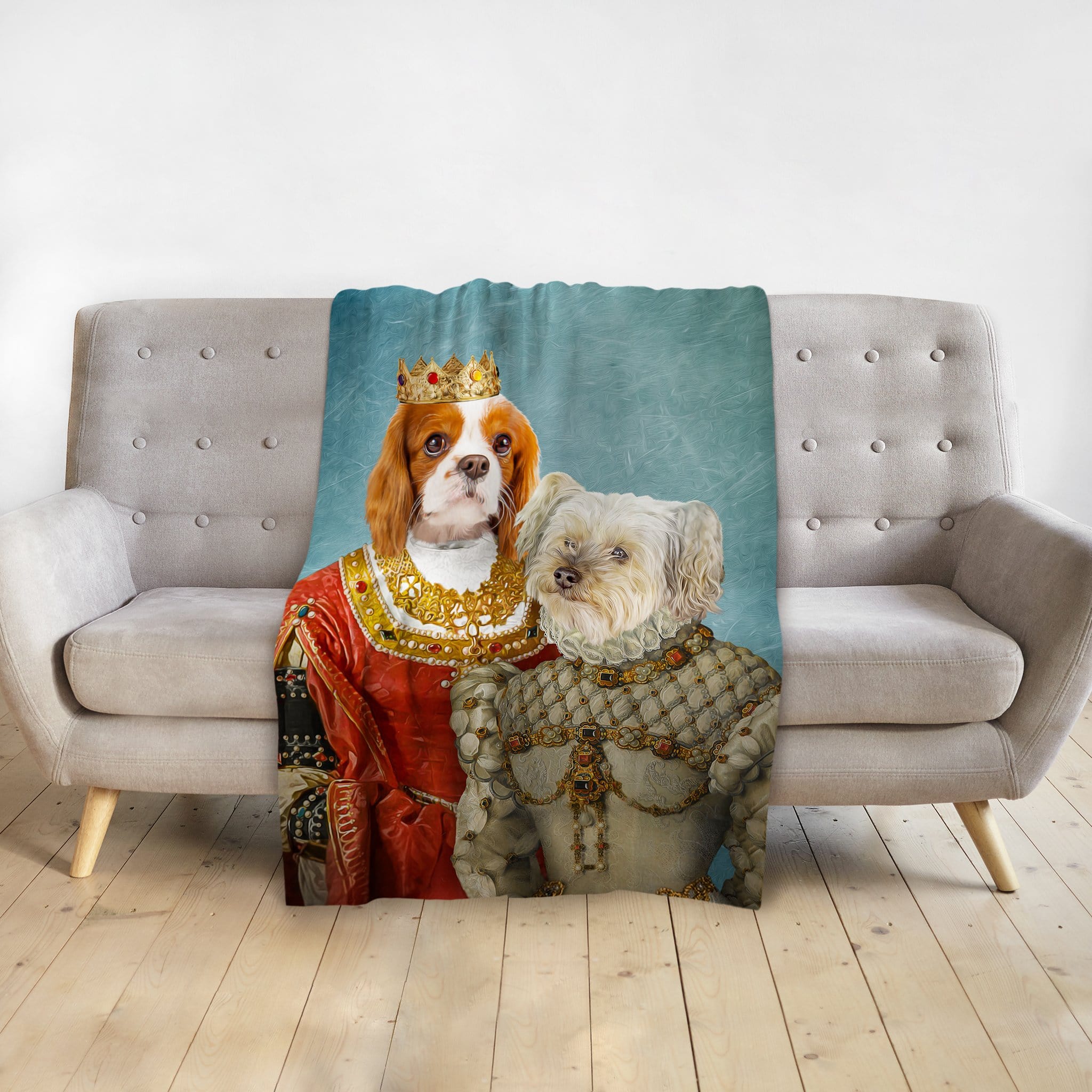 Personalized 'Queen and Princess' pet portrait blanket with two dogs in renaissance royal attire.