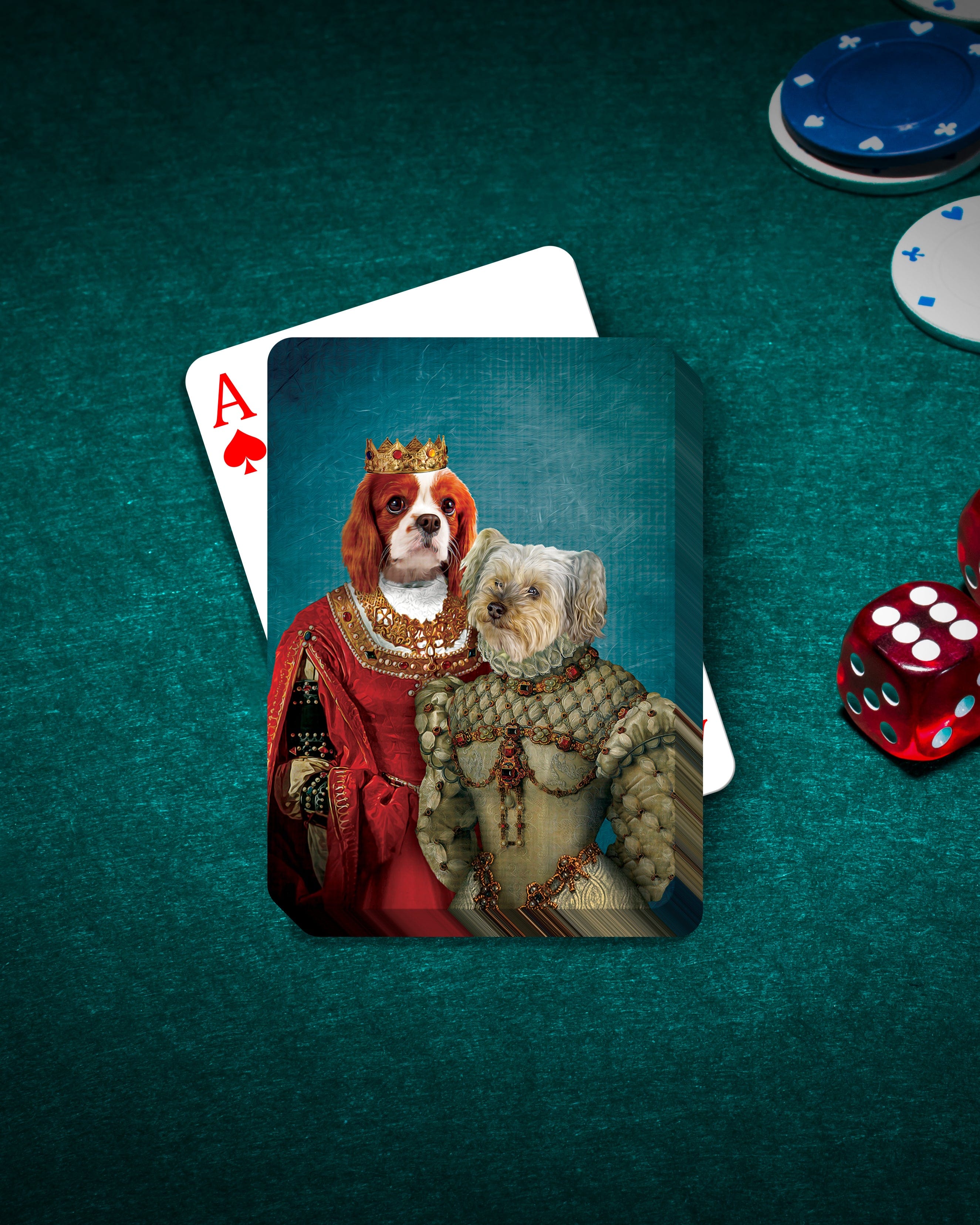 Personalized playing cards featuring two pets, a Cavalier King Charles Spaniel and a Yorkshire Terrier, in royal renaissance portraits.