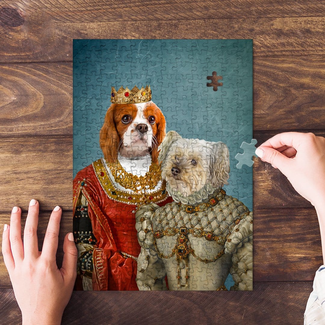 Personalized 2-pet puzzle featuring dogs in Renaissance royal portraits, Queen and Princess style.