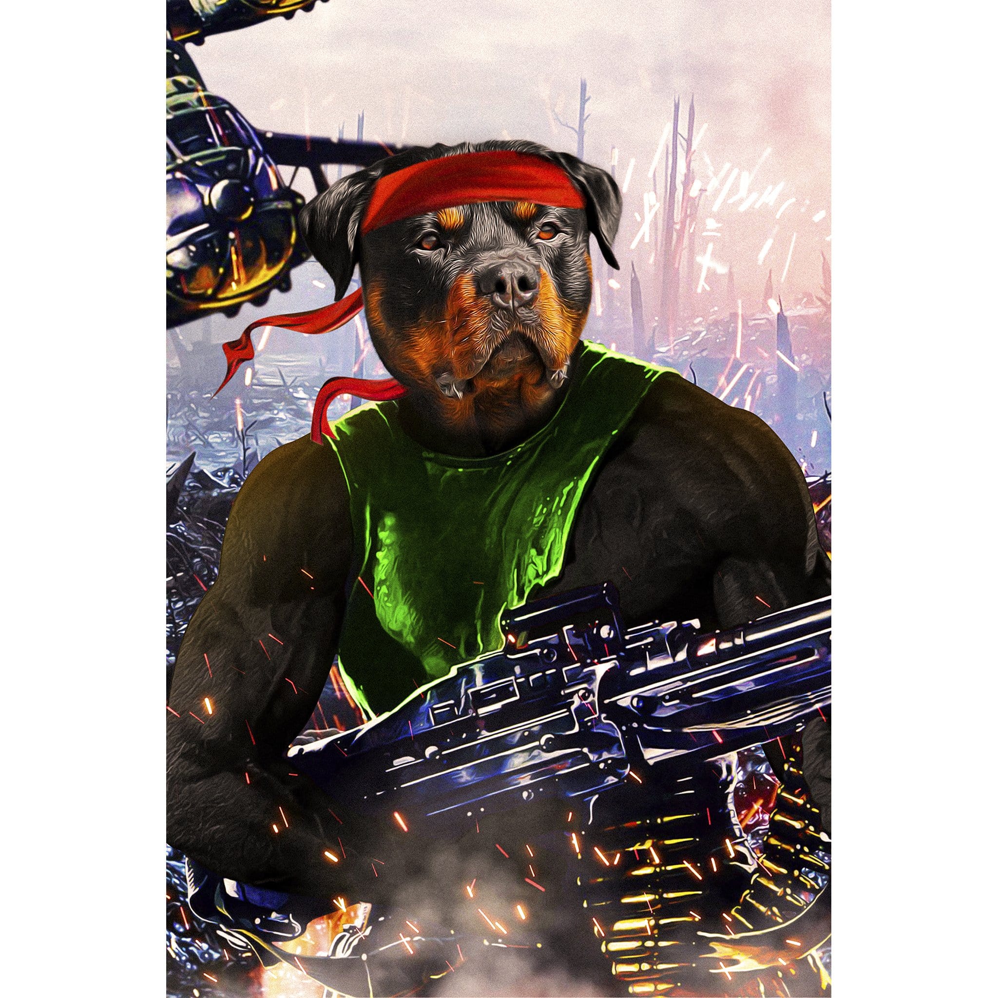 Personalized Rambo Doggo digital portrait featuring a Rottweiler in a red headband and green tank top.