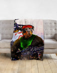Personalized pet blanket with a Rottweiler in a Rambo-style portrait, green shirt, red bandana, and machine gun.