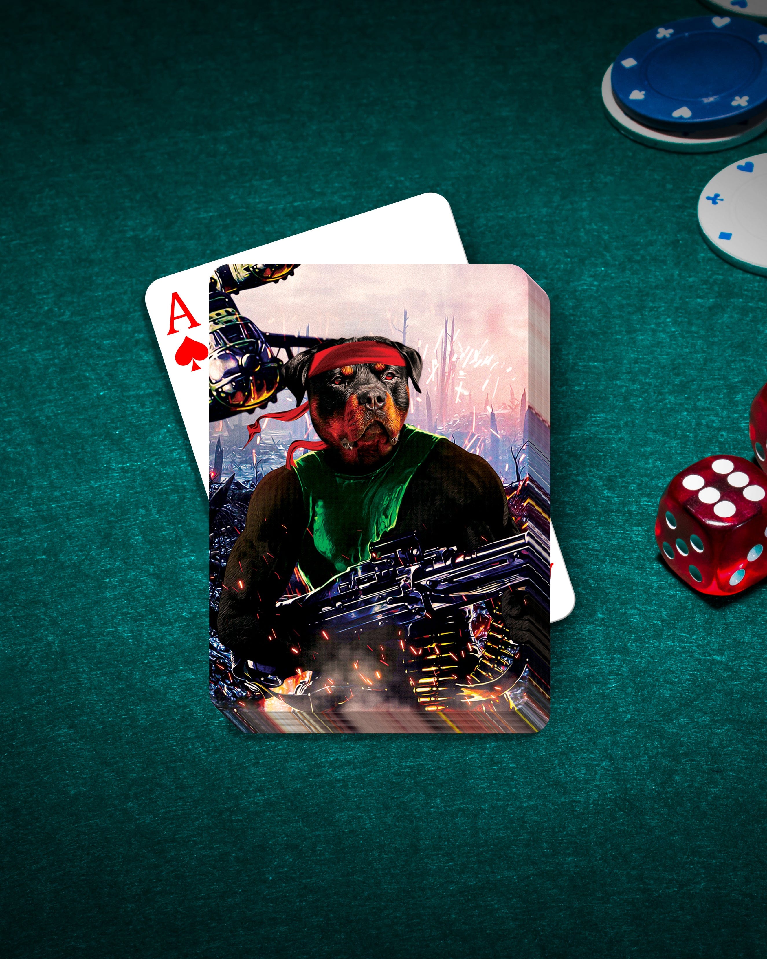 Personalized Rambo Doggo playing cards featuring a custom Rottweiler pet portrait.