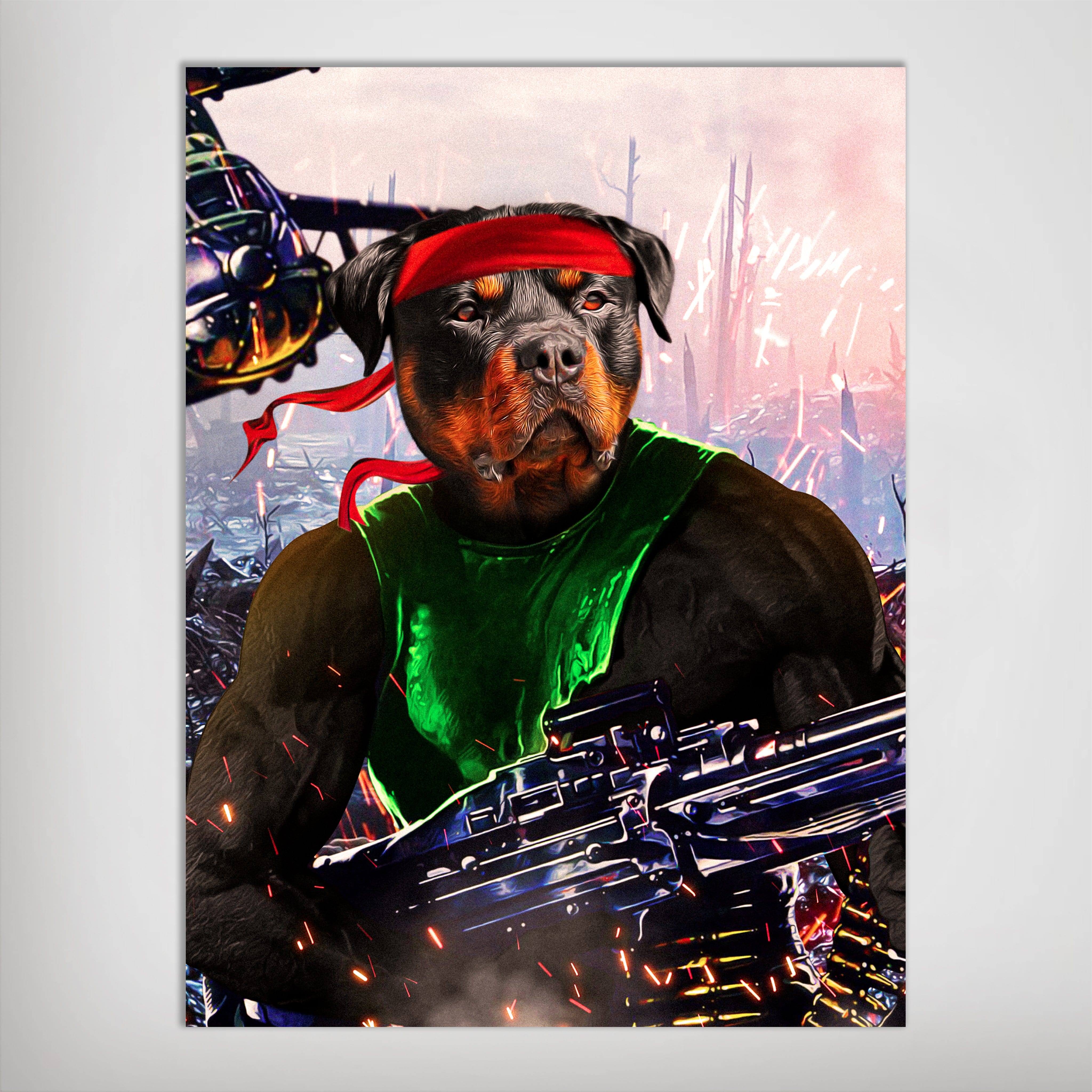 Personalized 'Rambo Doggo' pet poster featuring a Rottweiler in a red headband and green tank top, holding a large gun amidst a fiery battle scene.