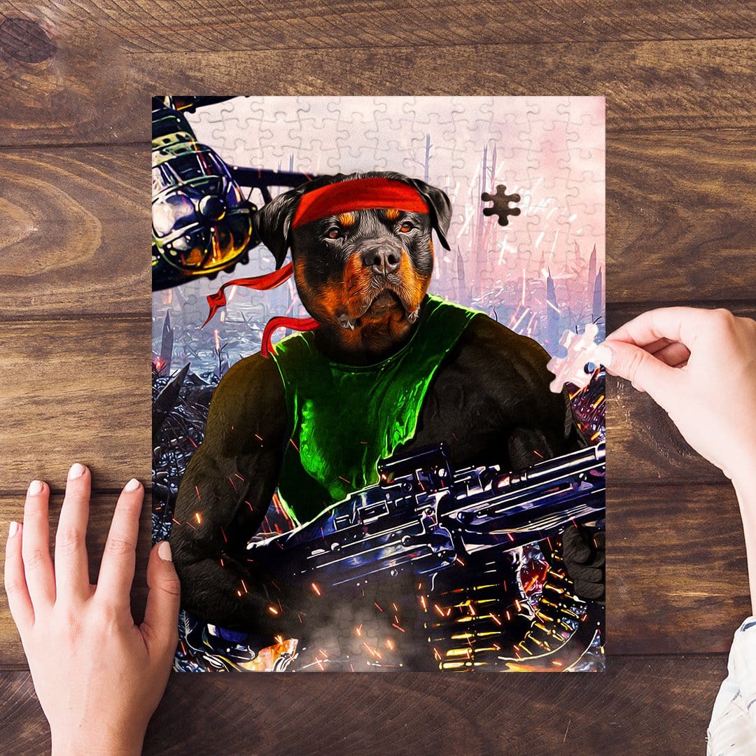 Personalized 'Rambo Doggo' pet puzzle featuring a Rottweiler in a green shirt and red bandana.