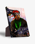 Personalized 'Rambo Doggo' standing canvas featuring a Rottweiler in a red bandana and green shirt, holding a weapon.