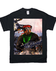 Black Gildan t-shirt featuring a Rottweiler in a Rambo-style design with a red headband and green tank top.