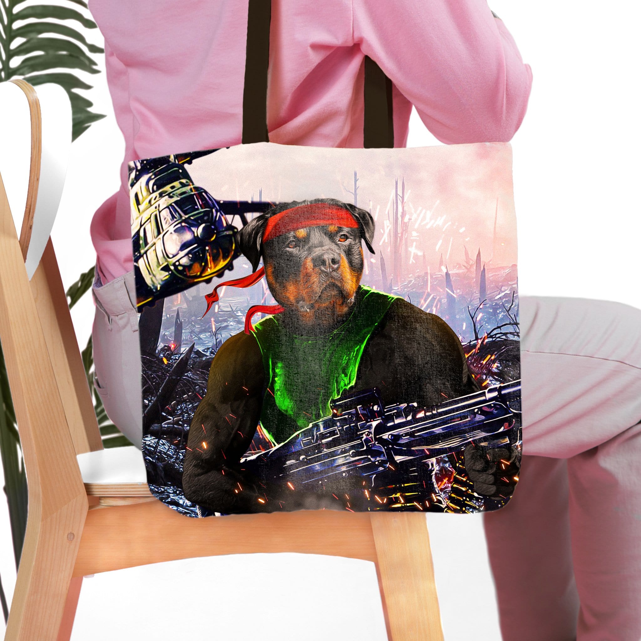 Personalized 'Rambo Doggo' tote bag with a Rottweiler pet portrait in a military scene.