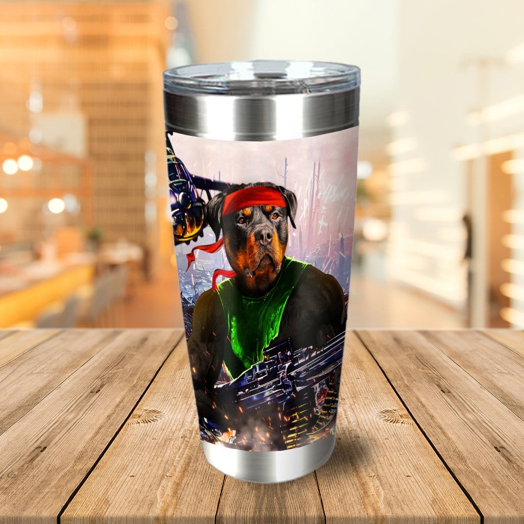 Personalized stainless steel tumbler with a custom "Rambo Doggo" portrait of a Rottweiler in a green vest and red headband.
