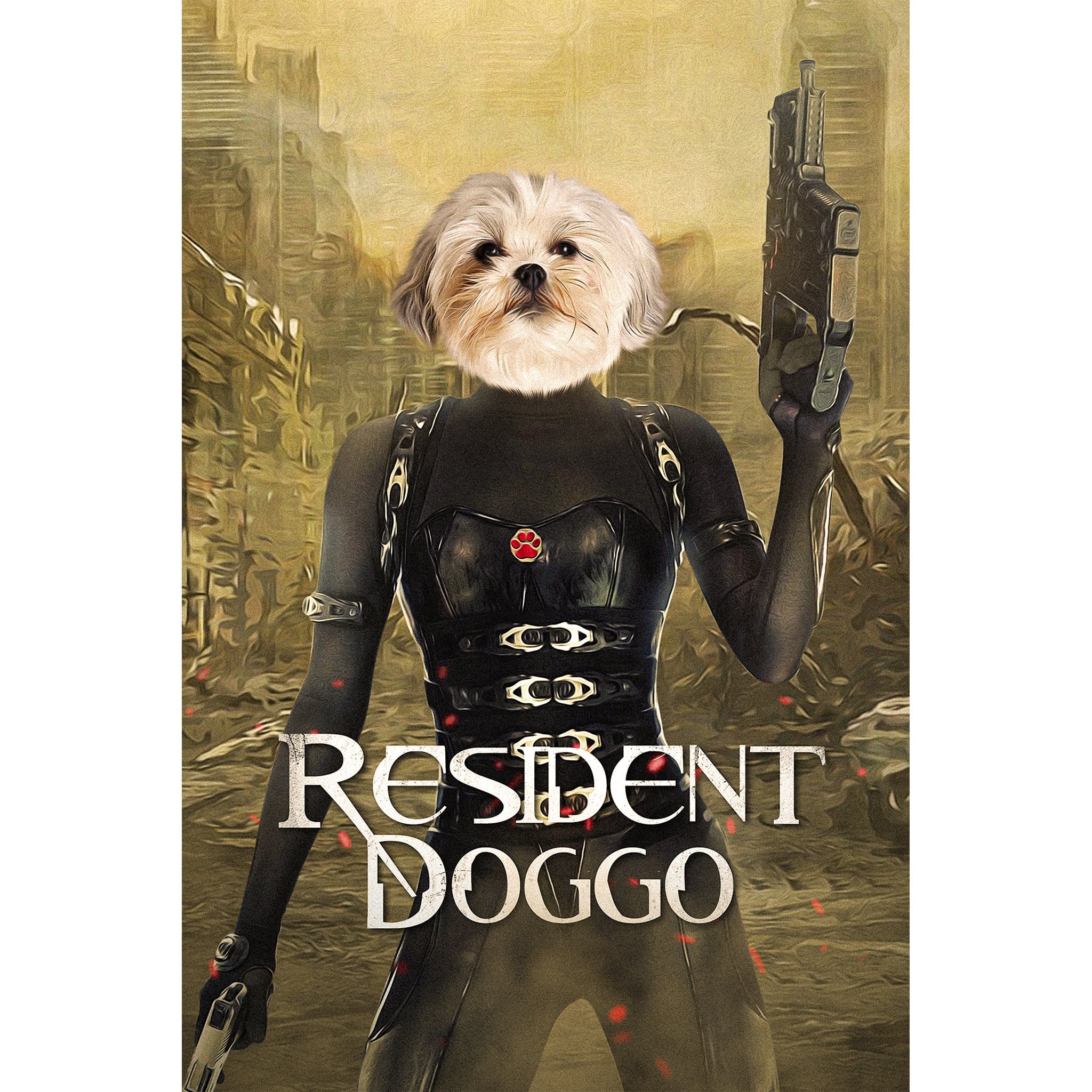 Personalized digital portrait of a Shih Tzu dog as a "Resident Doggo" character holding guns.