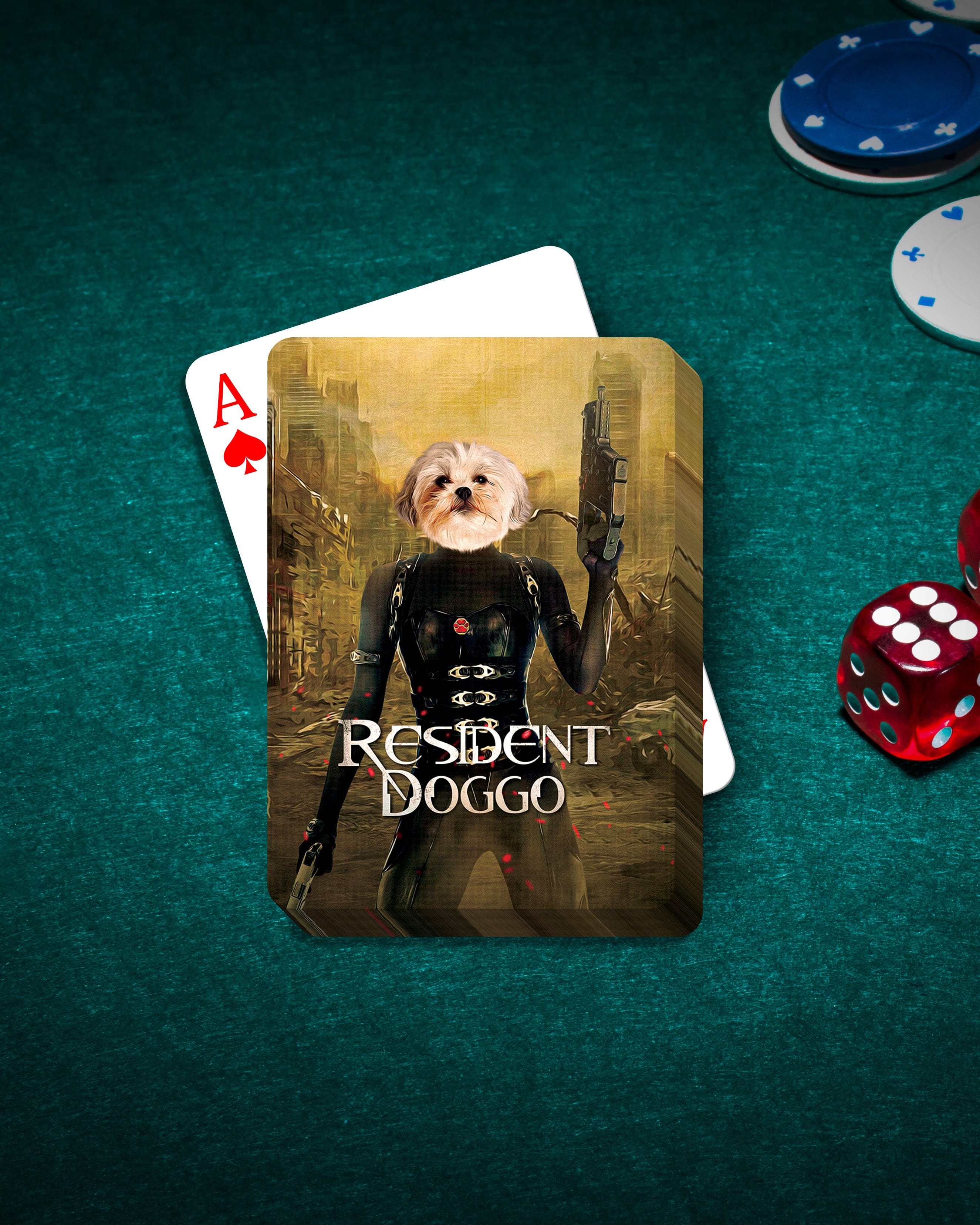 Personalized 'Resident Doggo' playing cards featuring a dog's head on a character, on a green poker table.
